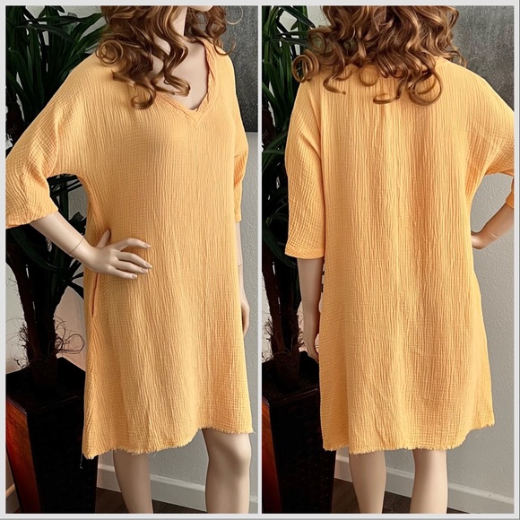 Mododoc Los Angeles Pale Orange 3/4 Sleeve Cotton Gauze Kaftan Dress - Picture 9 of 9